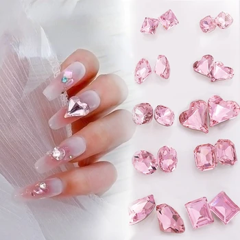 10 шт., Ювелирные изделия с бриллиантами для розовых ногтей для девочек, хрустальное сердце, заостренный бриллиант в форме дна, стекло K9, Светло-розовые детали в стиле деко, блестки