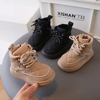 2023 Новые детские модные ботинки Для мальчиков, Корейская повседневная кожаная обувь с высоким берцем, Весенне-осенняя нескользящая обувь на плоской подошве для девочек