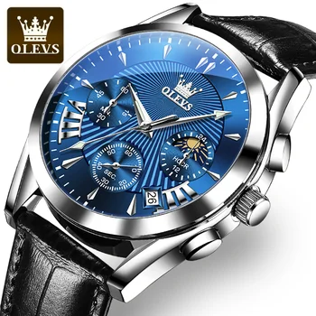 Многофункциональные мужские часы OLEVS, лучший бренд, роскошные Кожаные Водонепроницаемые спортивные кварцевые часы с хронографом, мужские Relogio Masculino