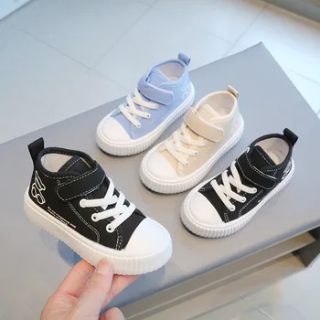 Детская парусиновая обувь с высоким берцем 2023, весенне-осенняя новая повседневная обувь для мальчиков, нескользящая обувь для девочек, детская обувь на мягкой подошве
