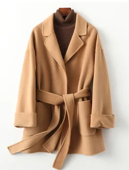 Женское длинное шерстяное пальто в повседневном английском стиле, Нежный Простой модный отложной воротник с поясом и карманами