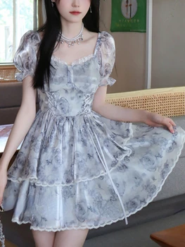 Франция Элегантное Шифоновое платье с цветочным рисунком Женское мини-платье с пышными рукавами Kawaii Party Женское Летнее Кружевное Корейское платье Sweet Fairy 2023