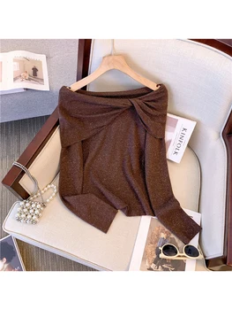 Женский кофейный пуловер, вязаный эстетичный свитер с длинным рукавом 90-х, Корейский Y2k, винтажный джемпер 2000-х, свитер, Верхняя осенняя одежда 2023