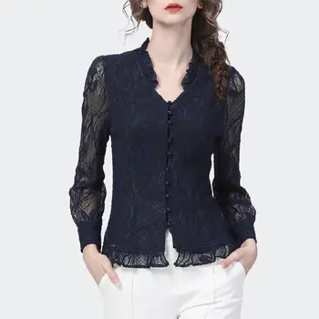 Кружевной топ для женщин, высококачественная блузка, весна 2023, V-образный вырез, выдолбленная нижняя рубашка, уникальный дизайн, женская блузка