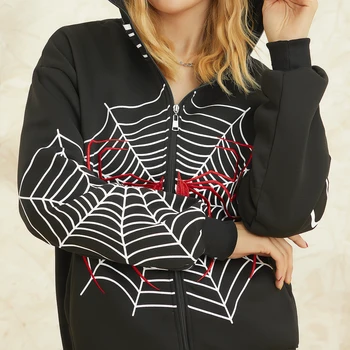 Женские толстовки на молнии с графическим рисунком, толстовка Оверсайз Y2k с принтом Паука, куртка в готическом стиле Харадзюку, пальто в стиле Гранж на Хэллоуин, топы, одежда