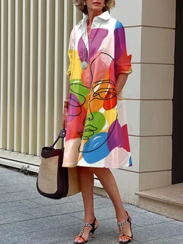 Женское стильное платье-рубашка с отворотом контрастного цвета и рисунком 2023, Новые весенние повседневные платья миди с длинным рукавом для женщин
