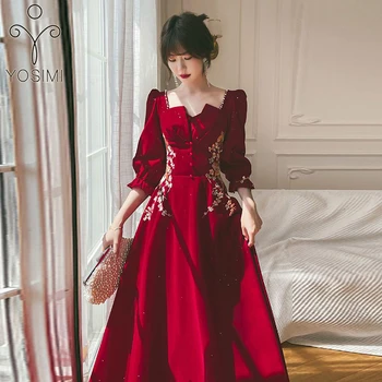 Красное Женское платье с вышивкой YOSIMI, Элегантное Осеннее Платье 2023 Года с коротким рукавом, Облегающее и Расклешенное Трапециевидное Винтажное Вечернее Платье, Свадебное платье для Женщин