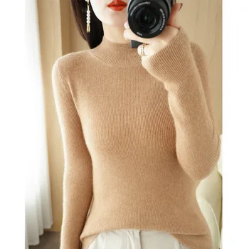 Осенне-зимняя новинка из смесовой шерсти, женская приталенная водолазка с высоким воротом, однотонный короткий свитер с внутренним низом, свитер