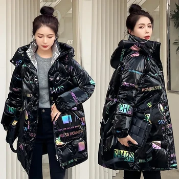 Новая глянцевая вниз куртка женщин зима корейский свободные женские вниз хлопка пальто с капюшоном женская теплая куртка повседневная Студенческая длинные пальто