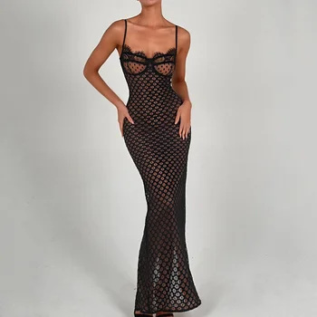 Осенняя новая сексуальная юбка-слинг, модное кружевное платье в горошек с разрезом на спине