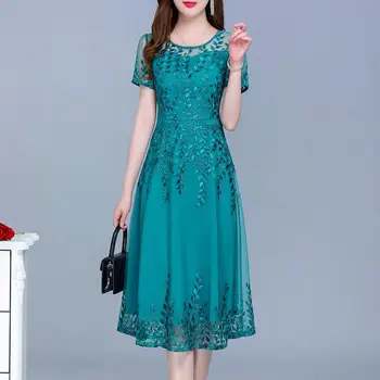 Модное женское зеленое платье с коротким рукавом, платье Миди, вышивка, листья, Сетчатая строчка, облегающее платье трапециевидной формы, уличная одежда