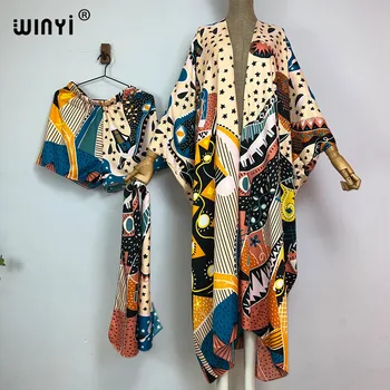 WINYI/ новый летний пляжный женский комплект из двух предметов с богемным принтом, макси, платье-траб с длинным рукавом, женское Новое кимоно длиной до пола для отдыха