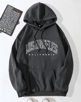 Kpop Gothic LOS ANGELES Letter Свободный хип-хоп пуловер с капюшоном и длинными рукавами, хлопковая толстовка Y2K Oversize Thin Flame BLACK