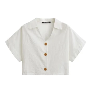 Новая женская летняя однобортная Белая рубашка с V-образным вырезом и короткими рукавами 2023 года, Приталенный Универсальный Короткий топ