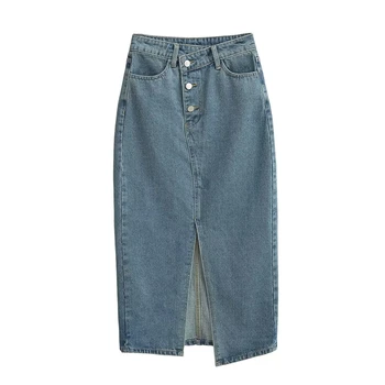 Новая летняя юбка-полукомбинезон из тонкой джинсовой ткани с высокой талией 2023 года, модная универсальная юбка средней длины с разрезом в стиле ретро синего цвета
