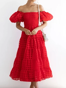 2023 Сетчатое Лоскутное Милое женское Летнее платье принцессы, модная одежда для отдыха с вырезом лодочкой и рукавом-фонариком, женское вечернее платье, уличная одежда