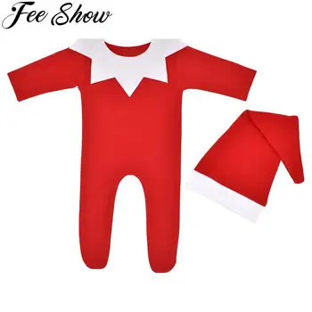 Реквизит для рождественской фотосъемки новорожденных, костюм для рождественской фотосессии для мальчиков и девочек, детский красный комбинезон со шляпой Санта-Клауса