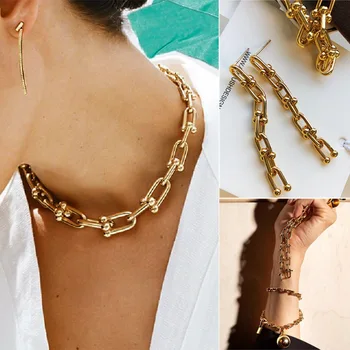Металлическое U-образное мужское ожерелье с пряжкой в виде подковы, Женский браслет, серьги-цепочки, Нишевый Дизайнерский ювелирный набор