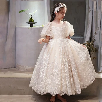 Элегантные платья для девочек в цветочек с рукавами-пузырями Детские праздничные платья для свадеб, платья для первого причастия