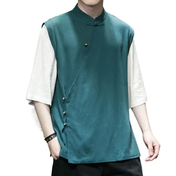 Мужская повседневная рубашка с коротким рукавом, уличная одежда, Цветная хлопковая льняная рубашка с боковым узлом и пуговицами для мужчин, винтажная блузка для отпуска 6XL