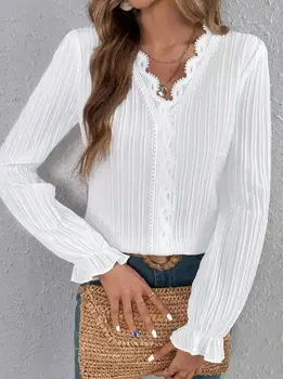Модная верхняя женская блузка 2023, Осенняя новинка, повседневная, Универсальная, однотонная, простая кружевная рубашка с V-образным вырезом и длинным рукавом