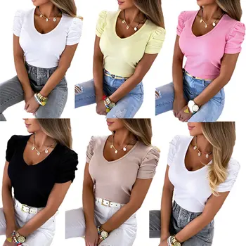 Базовая приталенная футболка с V-образным вырезом и пышными рукавами, женская летняя одежда, повседневная рубашка, топы для девочек, пуловер, спортивная одежда для отдыха