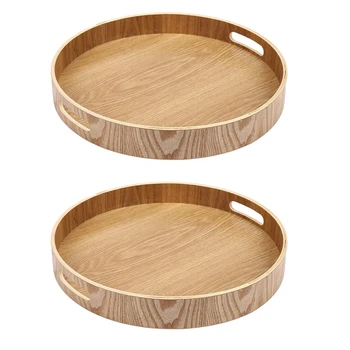 2 Круглых сервировочных бамбуковых деревянных подноса для обеденных подносов чайного бара контейнера для еды для завтрака с ручкой Лотка для хранения 3