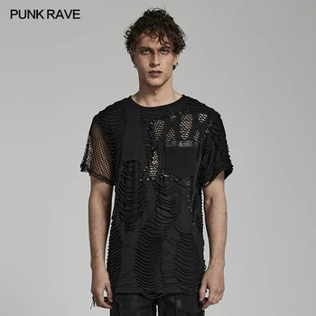 Панк-РЕЙВ, мужская панк-рваная футболка Mest, повседневные топы, весна-лето, черные футболки неправильной формы с коротким рукавом