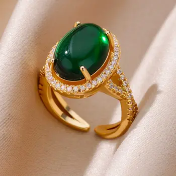 Роскошные Круглые кольца с зеленым Цирконом для женщин, Винтажное Золотое кольцо из нержавеющей стали, свадебные украшения, подарки, анилосы