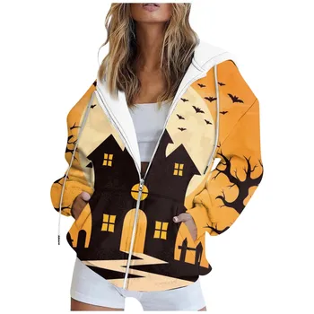 Women'S Long Sleeve Printed Sweatshirt Long Sleeve Pocket Jacket Zipper Hoodie Coat Autumn куртки осенние женские 여성자켓 2023