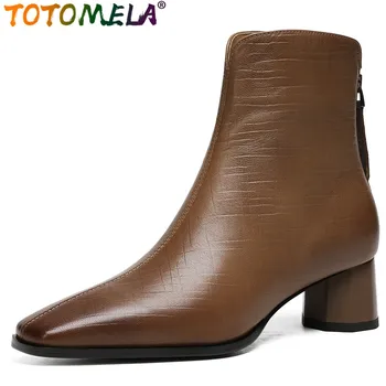 TOTOMELA 2023 Новые женские ботинки из овчины на молнии в стиле ретро, женские ботильоны с квадратным носком, Зимние ботинки на среднем квадратном каблуке.