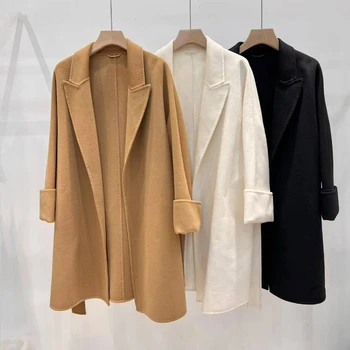 Осенью 2023 года Новое женское модное двустороннее кашемировое шерстяное пальто с классическим ремешком средней длины