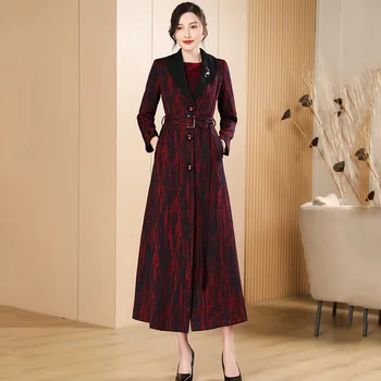 Новый женский бордовый длинный тренч, Весенне-осенний Модный лоскутный воротник Питера Пэна, тонкое пальто, Элегантная изысканная верхняя одежда