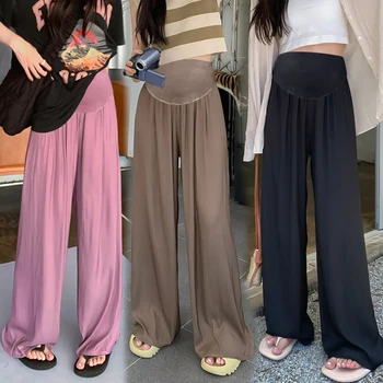 Летние Тонкие брюки для беременных до пола, однотонные модные Широкие брюки для беременных, брюки для живота, брюки для кондиционирования воздуха