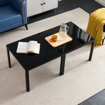 Журнальный столик из 2 предметов, квадратный современный стол с отделкой из закаленного стекла для гостиной, черный
