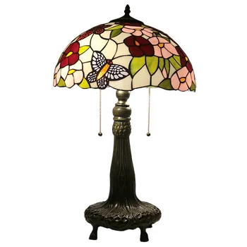 Длинная настольная лампа из витражного стекла шириной 16 дюймов, Настольная лампа ручной работы с красочной бабочкой и цветочным узором