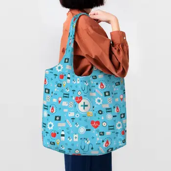 Красочные элементы медсестры, сумка для покупок в продуктовых магазинах, холщовая сумка для покупок, вместимость моющихся медицинских сумок для кормления, сумочка