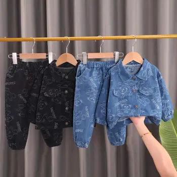 Весенне-осенняя одежда для мальчиков, джинсовый комплект из двух предметов, Корейский комплект для мальчиков, Оптовая продажа, одежда для мальчиков, одежда для маленьких девочек, Джинсовая куртка, пальто