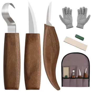 Набор инструментов для резьбы по дереву 7 в 1, Крючок для резьбы, Точилка для разделочных ножей, Устойчивые к порезам Перчатки с сумкой для хранения, костюм