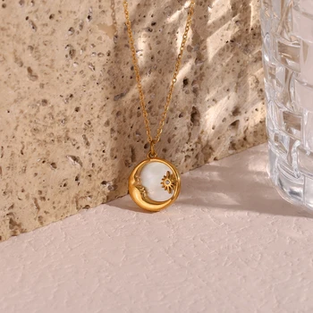 Женское ожерелье с монетами в виде Луны и звезды в виде круга из натурального перламутра, 18-Каратное позолоченное украшение из нержавеющей стали для женщин
