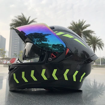 Новое поступление, мотоциклетный шлем с двойным козырьком из флуоресцентного углеродного волокна, Мотоциклетный шлем с внутренним солнцезащитным козырьком