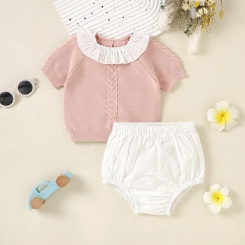 2шт. Комплекты одежды для маленьких девочек, хлопковые однотонные футболки с коротким рукавом + плавки, одежда для новорожденных, Летняя верхняя одежда для малышей 0-18 м