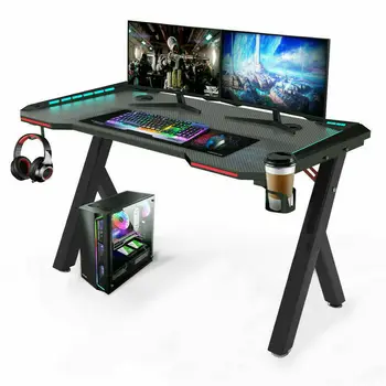 * Игровой стол ПК Компьютерный Геймерский стол Эргономичное рабочее место со светодиодной подсветкой RGB, крючок для наушников, подстаканник для домашних офисов