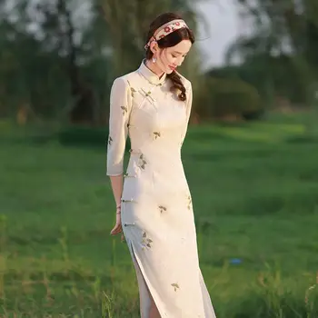 2023 Летние платья Lotus Cheongsam Long Qipao, Женское Современное Восточное платье премиум-класса, Традиционная китайская женская одежда