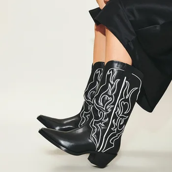 Женские ковбойские сапоги IPPEUM, черные женские ковбойские сапоги до середины икры на массивном каблуке в стиле кантри-вестерн, ковбойские сапоги в стиле пастушка для женщин