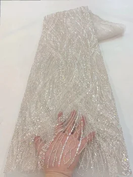 Французское кружево Африканские ткани С последовательностью Для свадьбы Свадебные Дубайские блестящие хрустальные бусины ручной работы Роскошный тюль из нигерийского бисера