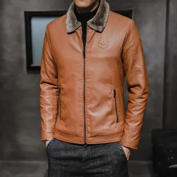 Мужская зимне-осенняя новая толстая коричневая кожаная куртка, мужская куртка с модным воротником из искусственного меха, ветрозащитное теплое пальто, мужская брендовая одежда