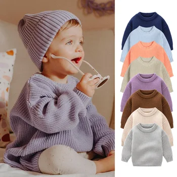Детские свитера Осень Зима Для мальчиков и девочек, однотонный вязаный свитер с длинным рукавом, Детская верхняя одежда, Детский пуловер, одежда для новорожденных