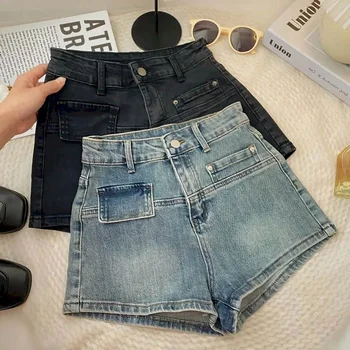 Джинсовые шорты для женщин большого размера, винтажные Повседневные Свободные Корейские модные Синие джинсы, эластичные брюки трапециевидной формы, женская одежда