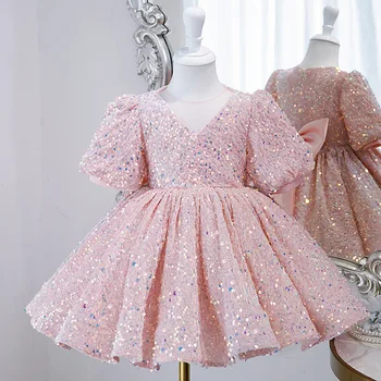 Вечерние платья с розовыми блестками для девочек-подростков 2023, роскошные платья для детей от 2 до 14 лет, вечернее короткое платье принцессы с бантом, вечеринка по случаю дня рождения